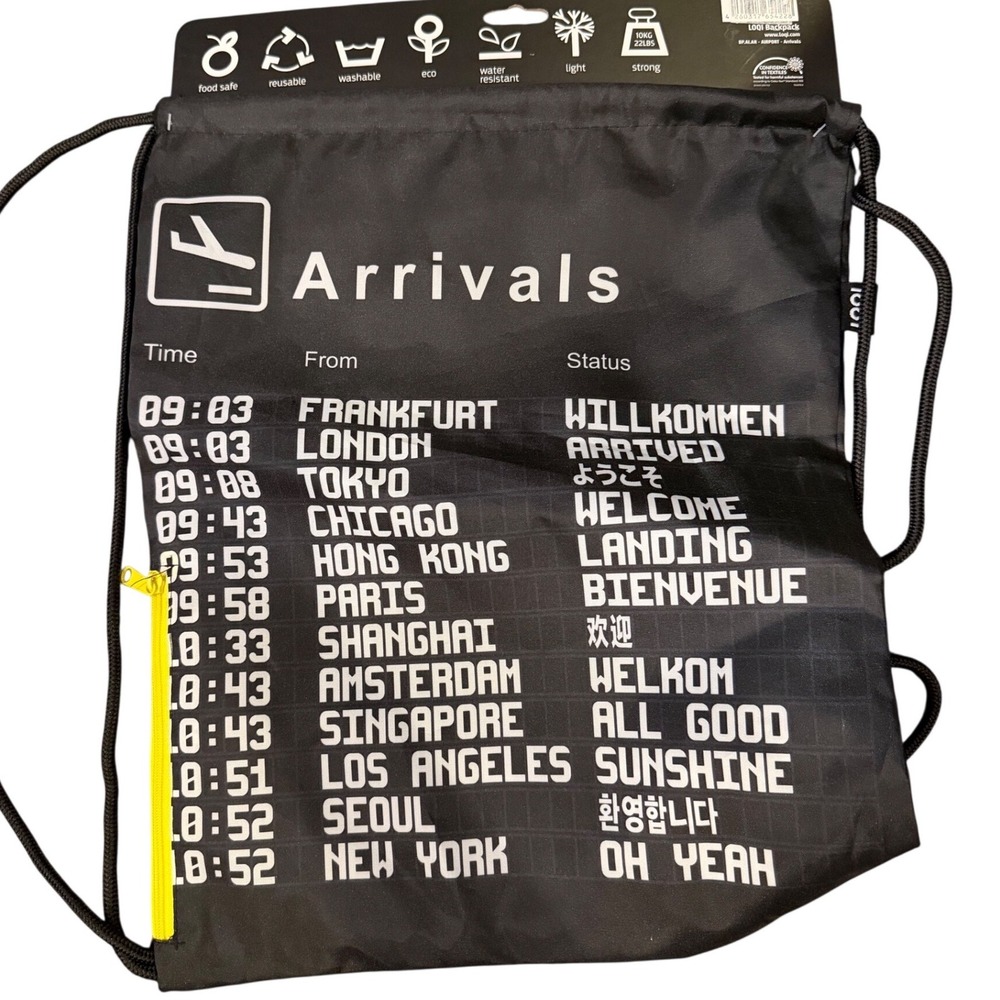 LOQI Airport Arrivals Departures Reusable Drawstring Backpack Flight Board NWT